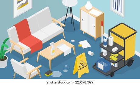 Vector isometric home cleaning service illustration. Living room in a process of cleaning. Messy room with cleaning objects around - cart with a bucket, cleaners, sponge and sign. Housekeeping concept