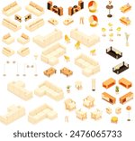 Vector isometric home furniture set. Domestic and office furniture and equipment. Sofa, bed, chairs, armchair, table, lamp, shelves and stools