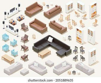 Vektorisometrische Heimmöbel-Set. Möbel und Ausstattungen für Haushalt und Büro. Sofas, Stühle, Sessel, Tische, Lampen, Schränke und Stühle