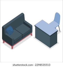Vector isometric home furniture set. Domestic and office furniture and equipment. Sofas, chairs. 3d Different Furniture Home Set Plasticine Cartoon Style