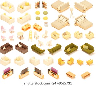 Vector isometric home furniture set. Domestic and office furniture and equipment. Sofa, bed, chairs, armchair, table, lamp, shelves and stools