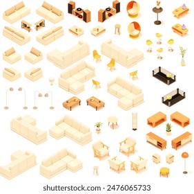 Vector isometric home furniture set. Domestic and office furniture and equipment. Sofa, bed, chairs, armchair, table, lamp, shelves and stools