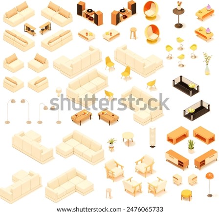 Vector isometric home furniture set. Domestic and office furniture and equipment. Sofa, bed, chairs, armchair, table, lamp, shelves and stools