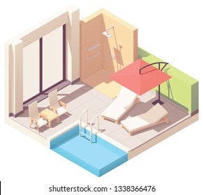 Vector isometric home or hotel resort outdoor pool lounge with umbrella, shower and pool chaise lounges