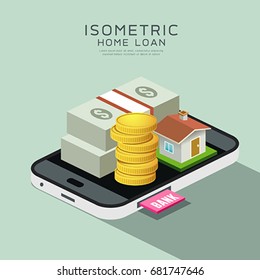 Vector Isometric home and money on mobile phone, home loan concept design background, illustration