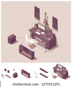 Vector isometric home music recording studio equipment. Includes keyboards, guitar, amplifier, audio interface, microphone, headphones, desk and computer with sound editing software