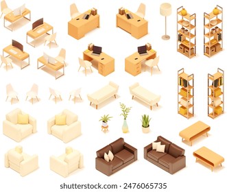 Vector isometric home and office furniture set. Domestic and working furniture and equipment. chairs, armchair, table, desk, lamp, shelves and armchair