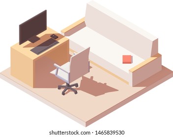Vector isometric home office interior icon. Table, chair, desktop computer and sofa