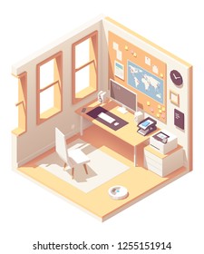 Vector Isometric Home Office Room Cross-section With Desk, Document Organizer, Desktop Pc, Chair, Printer And Cork Bulletin Board On The Wall Over The Table