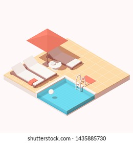 Vector isometric home ot hotel resort outdoor pool lounge with pool, umbrella and pool chaise lounges