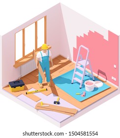 Vector isometric home renovation illustration. Carpenter worker installing wooden floor board or laminate and painting walls