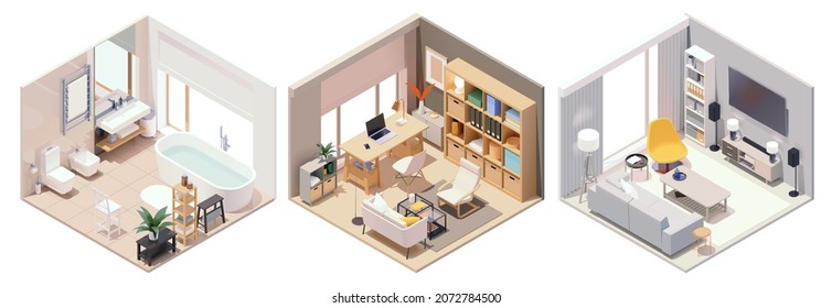 Vektor isometrische Wohnzimmer mit Möbeln. Wohnzimmer mit Sofa und TV, Wohnzimmer und Badezimmer