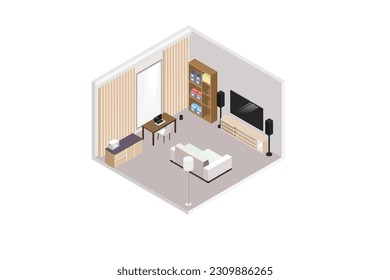 Vector isometric home rooms with furniture. Living room with sofa and tv, home office and bathroom