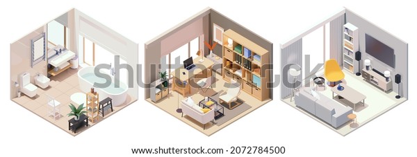 Vector isometric home rooms with\
furniture. Living room with sofa and tv, home office and\
bathroom