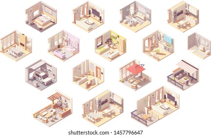 Vector isometric home rooms. Living room, bedroom, bathroom, balcony and terrace, hall, garage, dining and kitchen, pergola and other