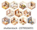 Vector isometric home rooms set. Rooms cross-sections. Bedroom, living room, kitchen, home office, dining room. Furniture and decoration. Modern and classic interior design