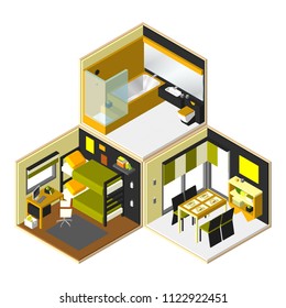 vector isometric home rooms set with dining room, kids room and bathroom