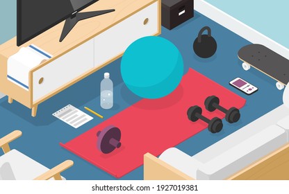 Vector Isometric Home Workout Illustration. Sport Equipment On Living Room Floor - Mat, Exercise Ball, Ab Wheel, Weights, Towel And Bottle Of Water.