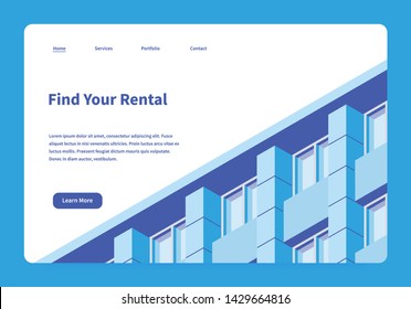 Vector Isometric Homepage Of Rental Service. Landing Page With Building Facade Illustration. Renting House, Office Or Apartment Concept. Illustration Is Under Mask, So You Can Move And Adjust It.