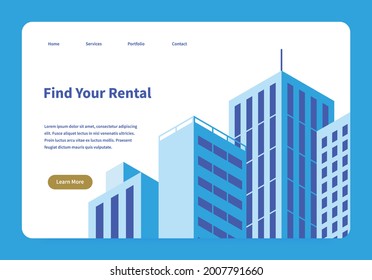 Vector isometric homepage of rental service. Landing page with building facade illustration. Renting house, office or apartment concept. Illustration is under mask, so you can move and adjust it.