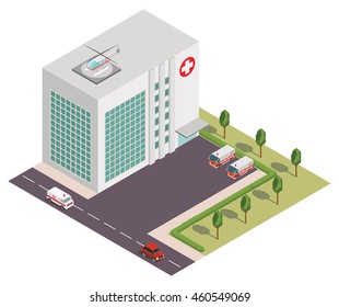 Vector isometric hospital with ambulance car, helicopter. To use as a design element in booklet medical, infographic, leaflet, banner. For games.The hospital building at the road with trees.