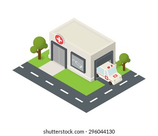 Vector isometric hospital building icon with emergency car