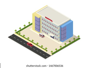 Vector isometric hospital building. vector illustrations