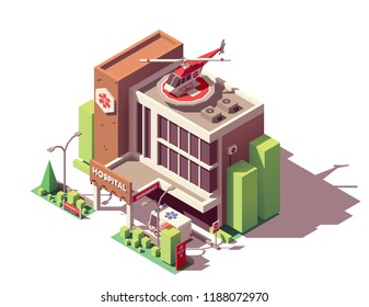 Vector isometric hospital or clinic building with emergency entrance, ambulance helicopter and ambulance vehicle