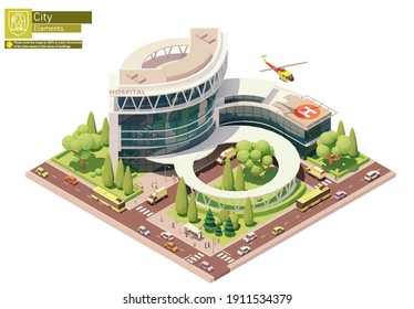 Vector isometric hospital or clinic building with emergency entrance, ambulance helicopter or medevac, helipad, ambulance vehicle