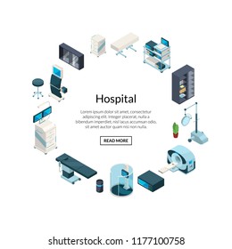 Vector isometric hospital icons in circle shape with place for text illustration