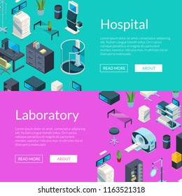Vector isometric hospital icons web banner and page web templates illustration