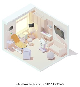 Vector Isometric Hospital Labor And Delivery Or Birthing Room. LDR Room Interior. Birthing Bed, Anesthesia Cart, Newborn Baby Bassinet And Other Maternity Hospital Equipment