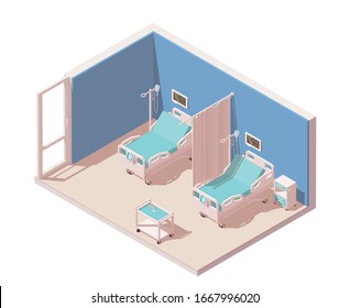 Vector Isometric Hospital Ward. Includes Beds, Heart Rate Monitor, Cart For Medicals And Other Hospital Equipment. Health Care Concept.