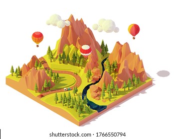 Vector isometric hot air balloon rides. Hot air balloons flying over mountains, valley and river. Colorful balloons excursion tour. Tourist flights