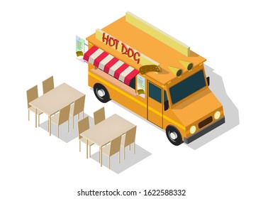 vector isometric hot dog food truck. mobile food van with a menu board