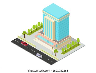 vector isometric hotel, apartment, office, or skyscraper building, isolation on white