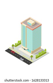 vector isometric hotel, apartment, office, or skyscraper building, isolation on white