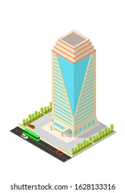 vector isometric hotel, apartment, office, or skyscraper building, isolation on white