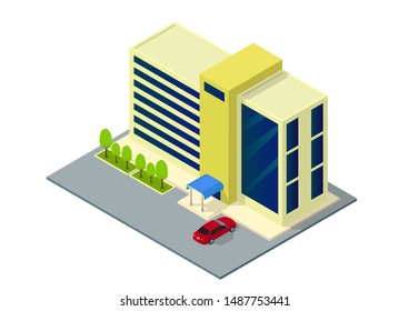 vector isometric hotel, apartment, school, or skyscraper building, isolation on white