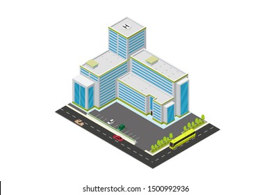 vector isometric hotel, apartment, school, or skyscraper building, isolation on white