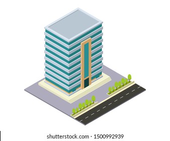 vector isometric hotel, apartment, school, or skyscraper building, isolation on white