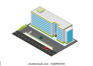 vector isometric hotel, apartment, school, or skyscraper building, isolation on white