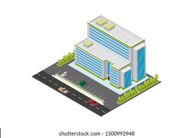 vector isometric hotel, apartment, school, or skyscraper building, isolation on white