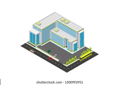 vector isometric hotel, apartment, school, or skyscraper building, isolation on white