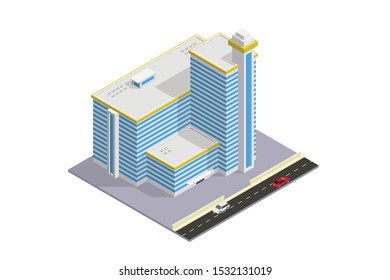 vector isometric hotel, apartment, school, or skyscraper building, isolation on white