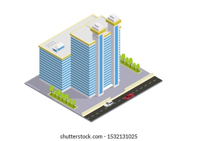 vector isometric hotel, apartment, school, or skyscraper building, isolation on white