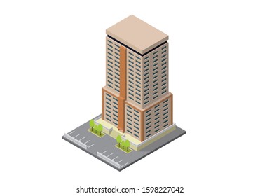 vector isometric hotel, apartment, school, or skyscraper building, isolation on white