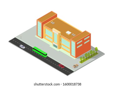 vector isometric hotel, apartment, school, or skyscraper building, isolation on white