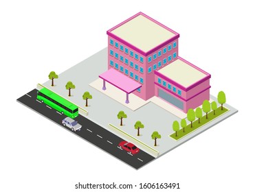 vector isometric hotel, apartment, or skyscraper building, isolation on white