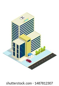 vector isometric hotel, apartment,or skyscraper building, isolation on white